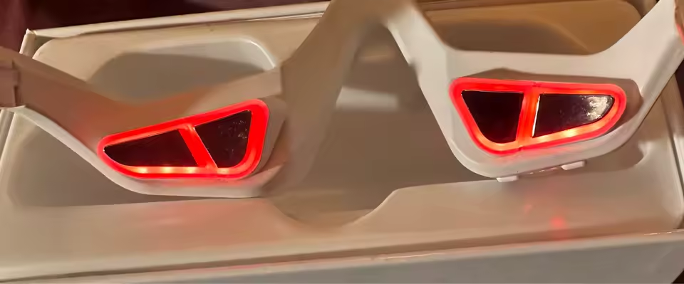 Eye Massager with red light turned on in the tray